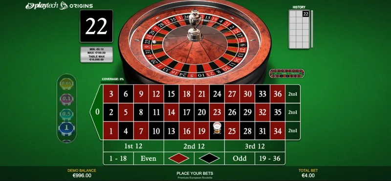 Europejska ruletka online — wynik spinu numer 22