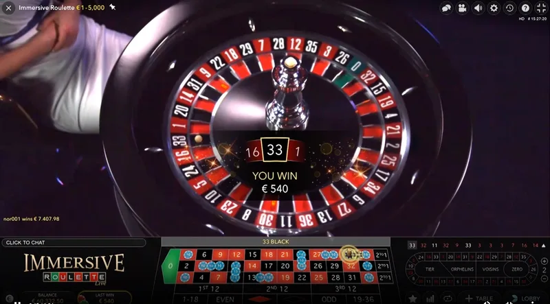 Immersive Roulette — wygrana €540 z widokiem koła z góry